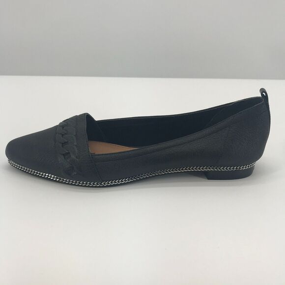 Rachel Zoe Flat Womens 6.5 Black Leather Pointed Toe Chain Detail Slip On NEW - Picture 4 of 8